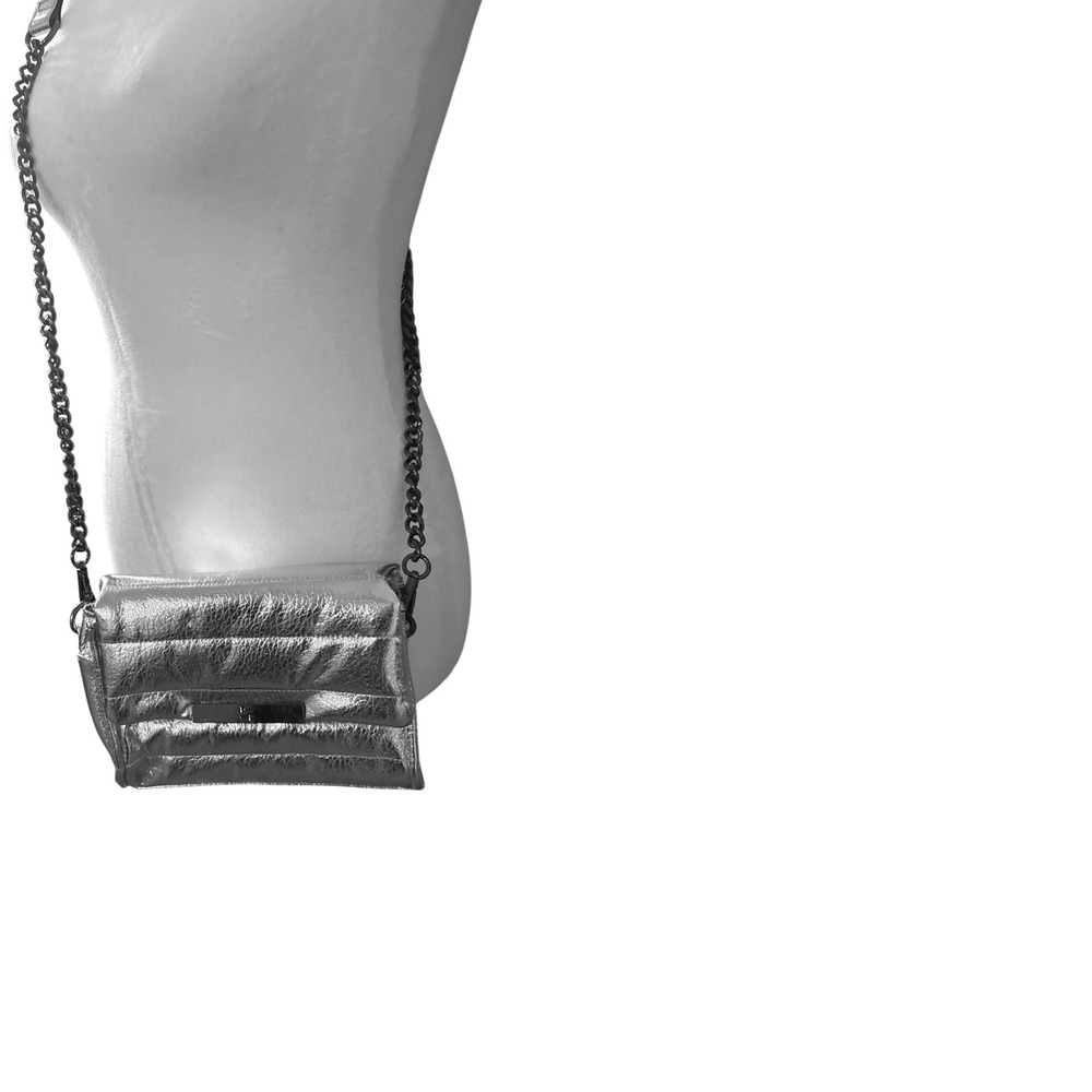 Think Royln Metallic Silver Quilted Puffer Crossbody Bag Gunmetal Chain Strap